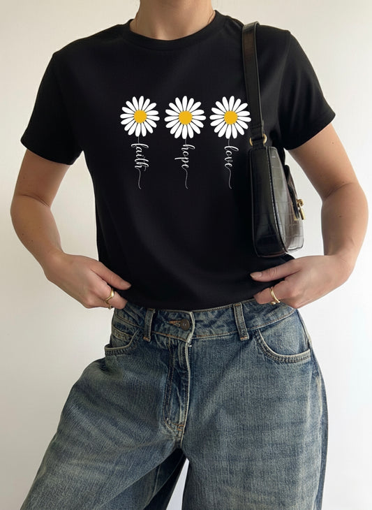 Flowers Graphic Print - Women Black Regular T-Shirt